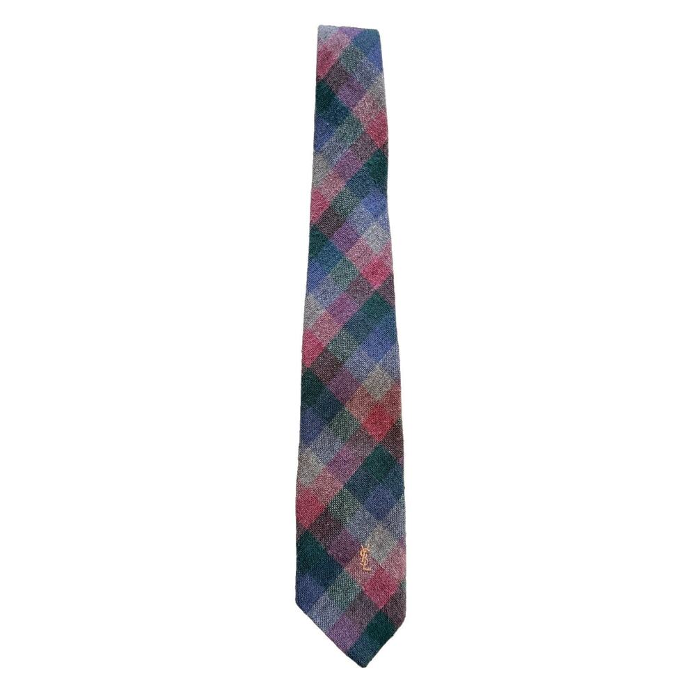 Vintage Yves Saint Laurent YSL Wool Blend Checkered Plaid Tie Logo 3 x 57